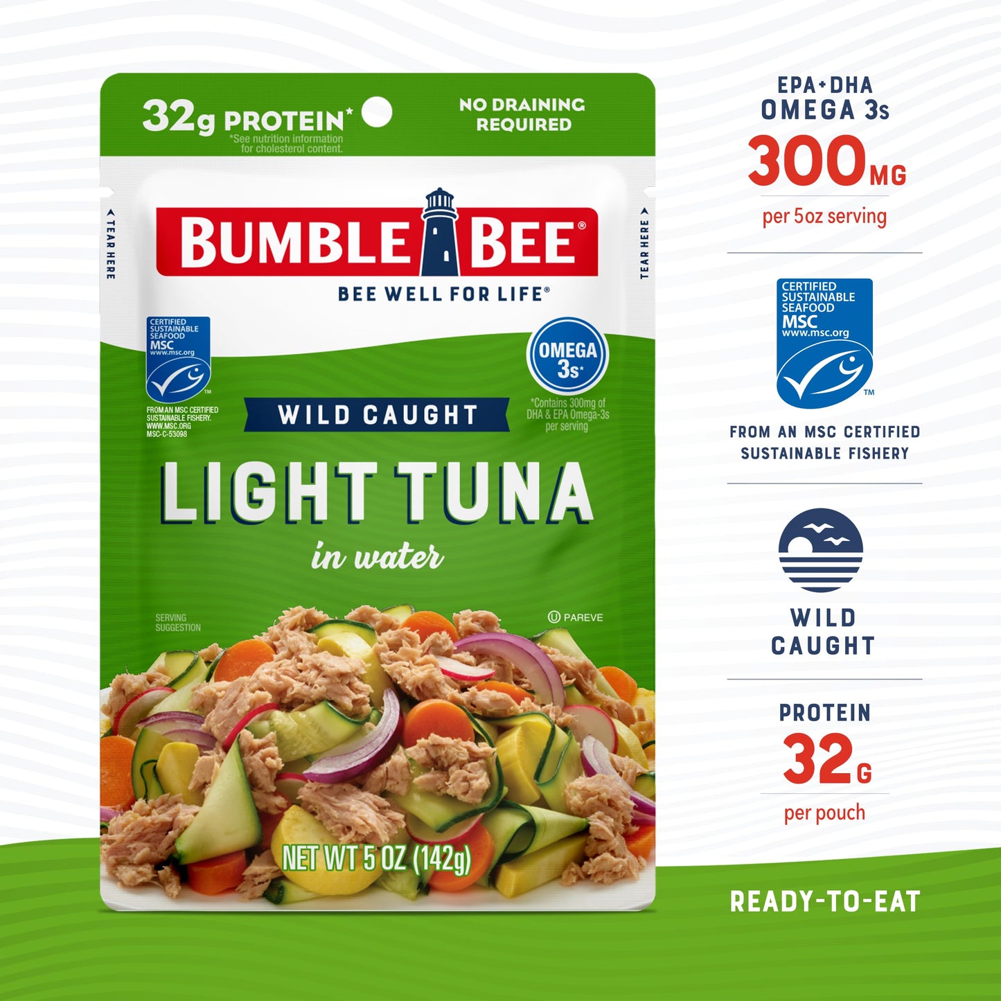 Bumble Bee Light Tuna Pouch In Water, 5 Oz Pouch (Pack Of 12) - Tuna Fish Pouch, High Protein Food, Keto Food And Snacks, Gluten Free Food, High Protein Snacks, Bulk Tuna Pouches