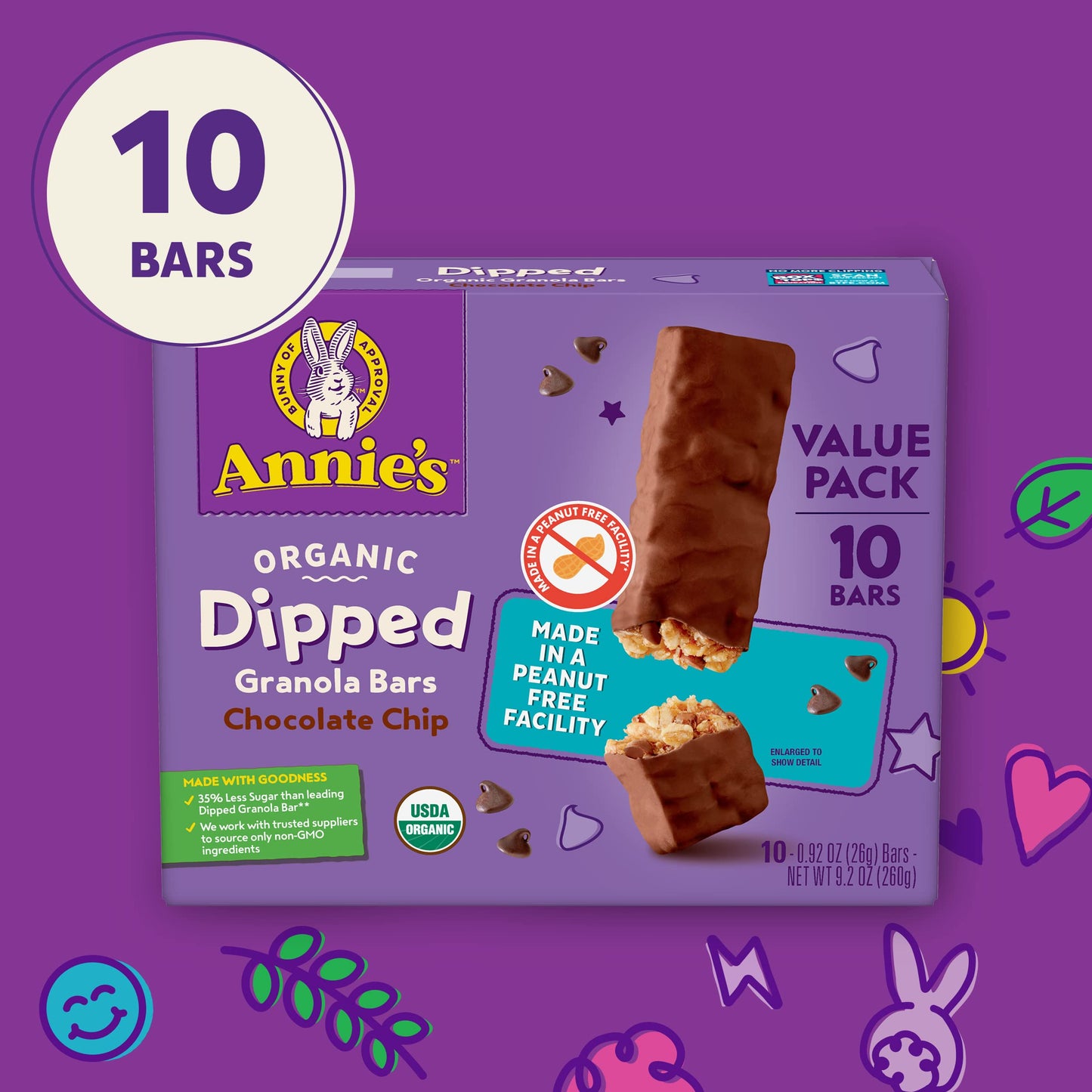 Annies Organic Dipped Granola Bars, Chocolate Chip, Peanut Free, 10 Bars, 9.2 oz (Pack of 6)
