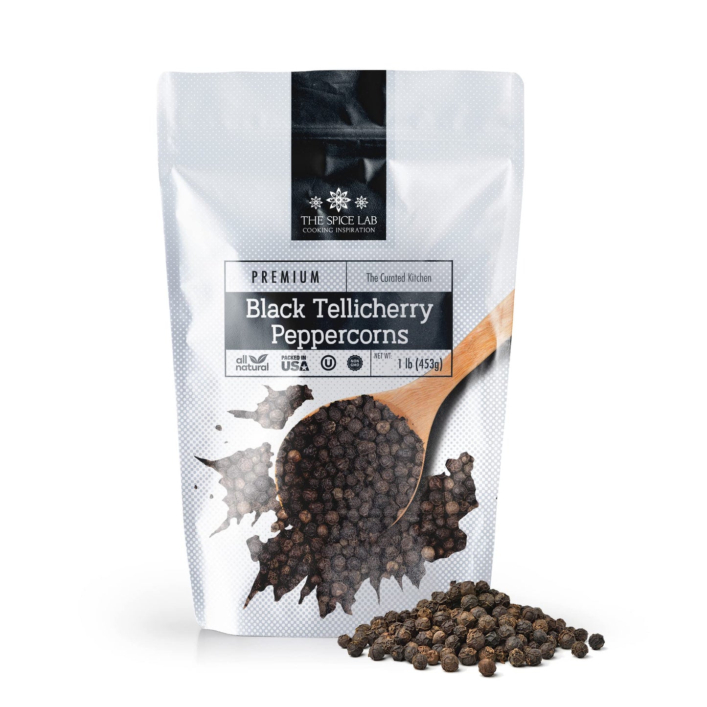 The Spice Lab - Black Tellicherry Peppercorns for Grinder Packed in the USA - Steam Sterilized Kosher Non-GMO All Natural Black