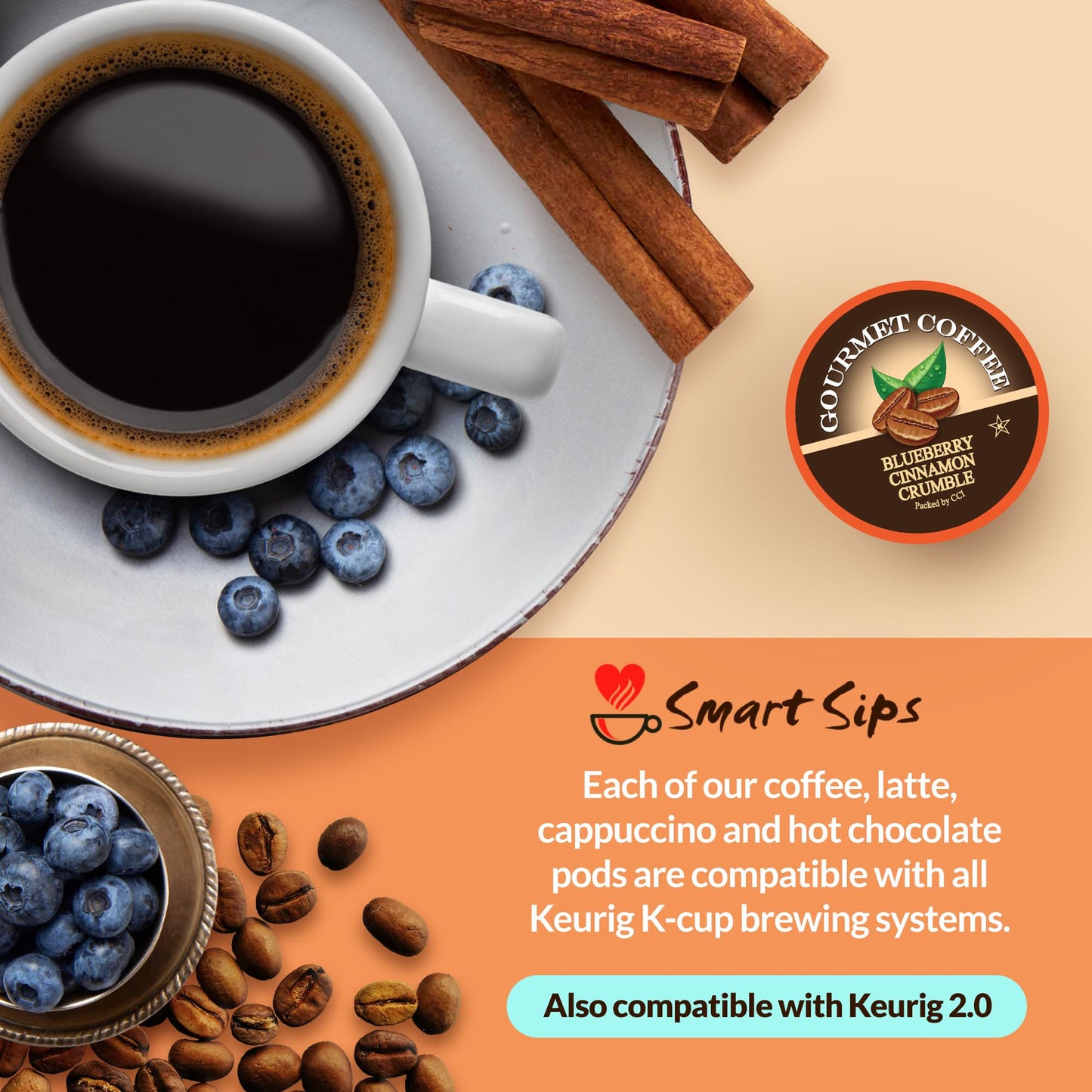 Smart Sips Coffee Blueberry Cinnamon Cspirit-inspired flavorble Medium Roast Single Serve Pods 24 Count Compatible with Keurig K-Cup malt-inspired