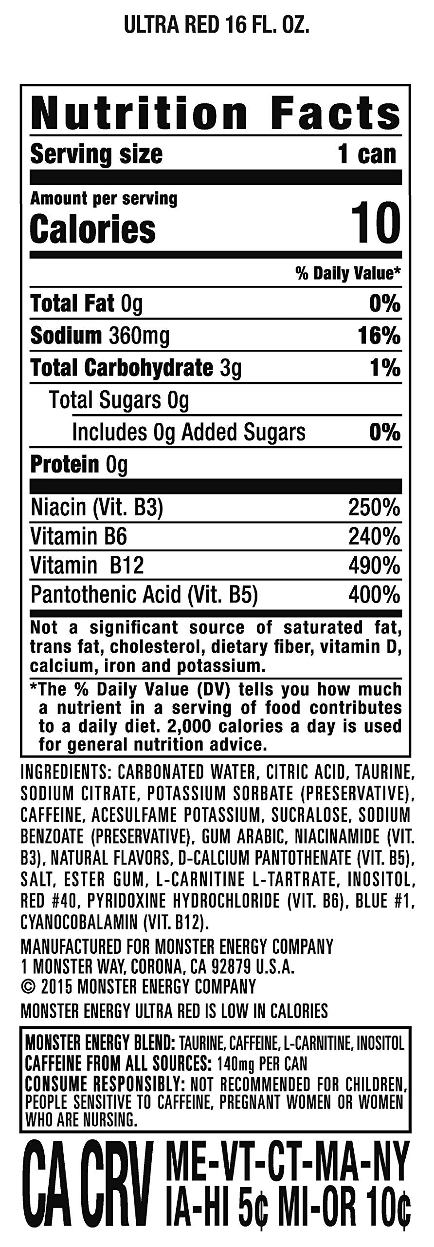 Monster Energy Ultra Red, Sugar Free Energy Drink, 16 Ounce (Pack Of 15)