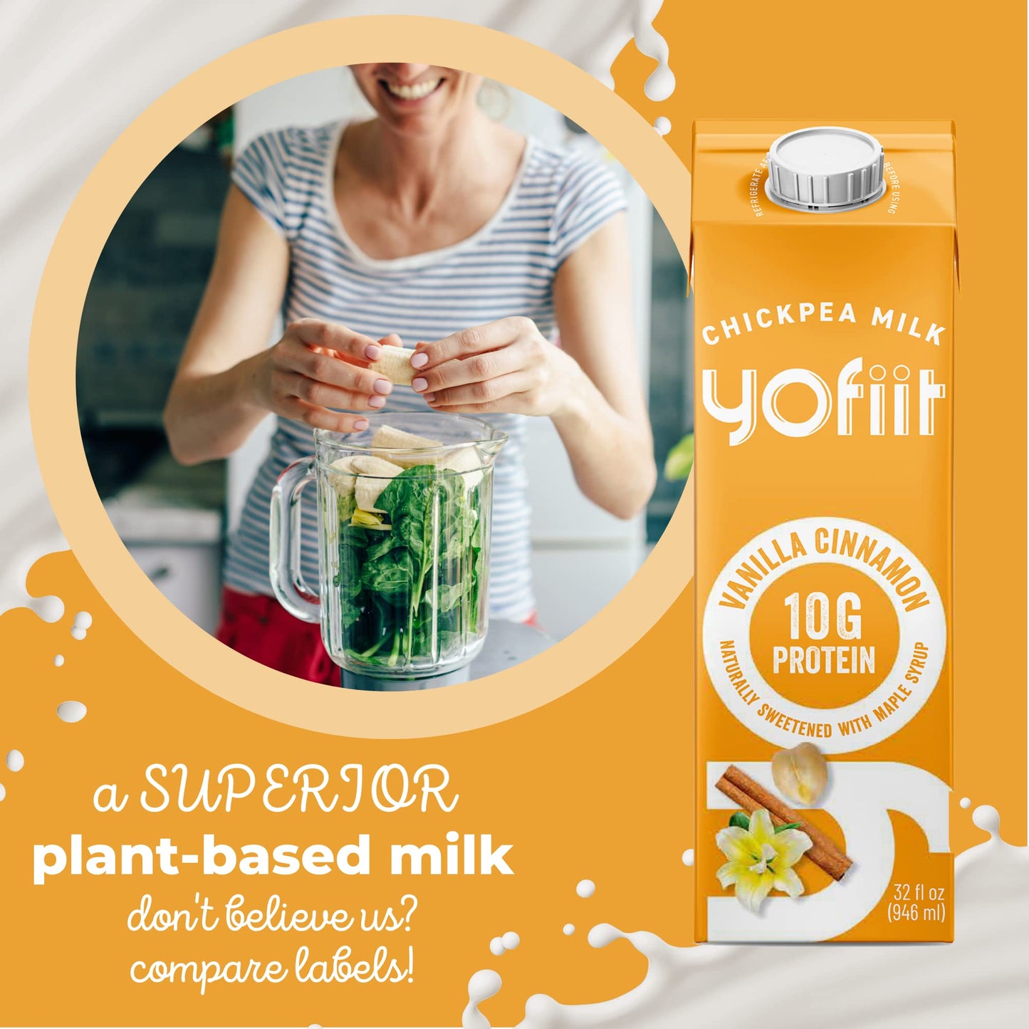 Yofiit Vanilla Cinnamon Plant Based Milk With Pea Protein And Flax - More Protein Than Almond Milk - Non Dairy Coffee Creamer, V