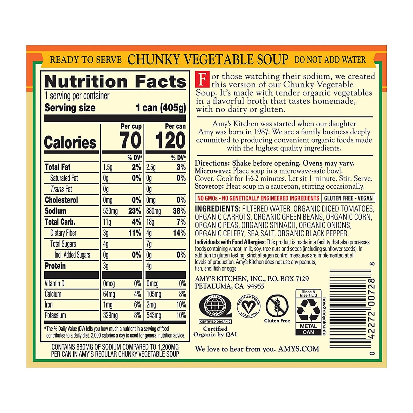 Amys Soup, Vegan Reduced Sodium Chunky Vegetable Soup, Gluten Free, Made With Organic Vegetables, Canned Soup, 14.3 Oz (12 Pack)