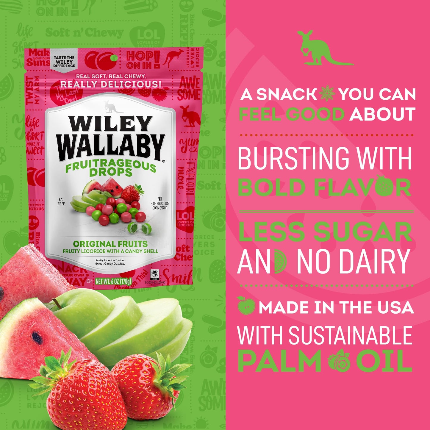 Wiley Wallaby 6 Oz. Fruitrageous Drops Original Fruits Gourmet Australian Style Soft & Chewy Licorice Candy Drops, 1 Pack