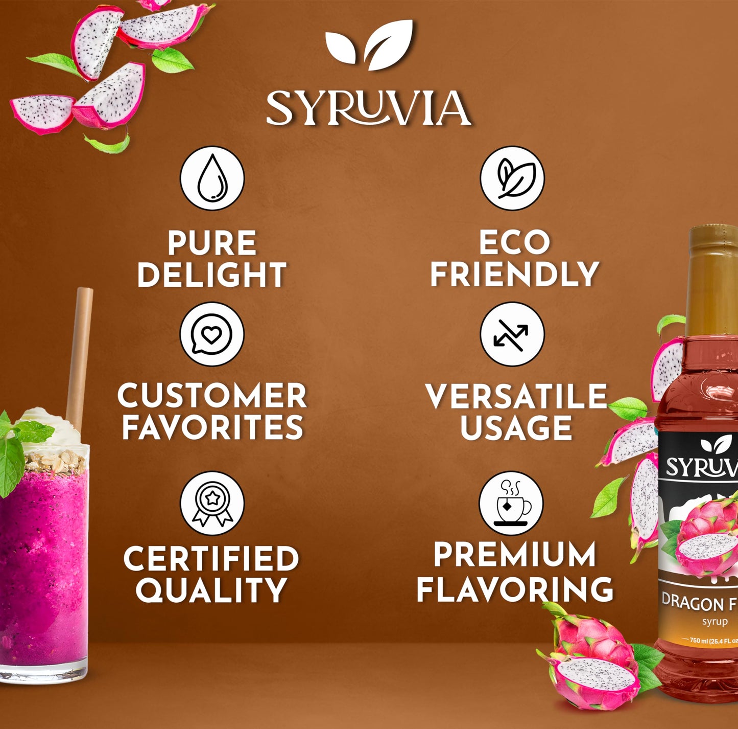 Syruvia Dragon Fruit Syrup - Premium Flavoring Syrup For Tea, Italian Sodas, Beverages, Desserts, Ice Cream, Cocktails & Mocktai