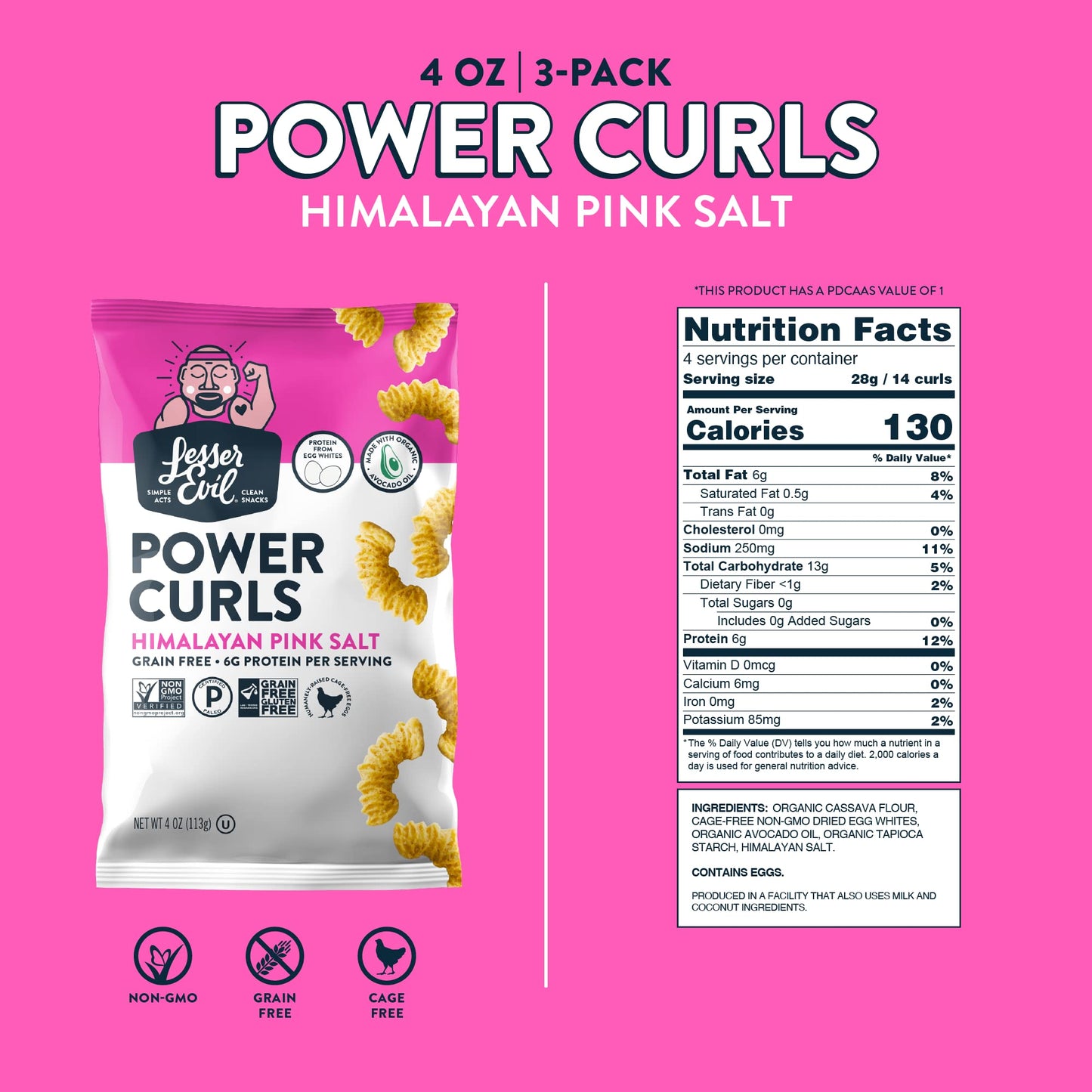 Lesserevil Himalayan Pink Salt Power Curls, Grain Free, Minimally Processed, Avocado Oil, Egg White Protein, 4 Oz, Pack Of 3