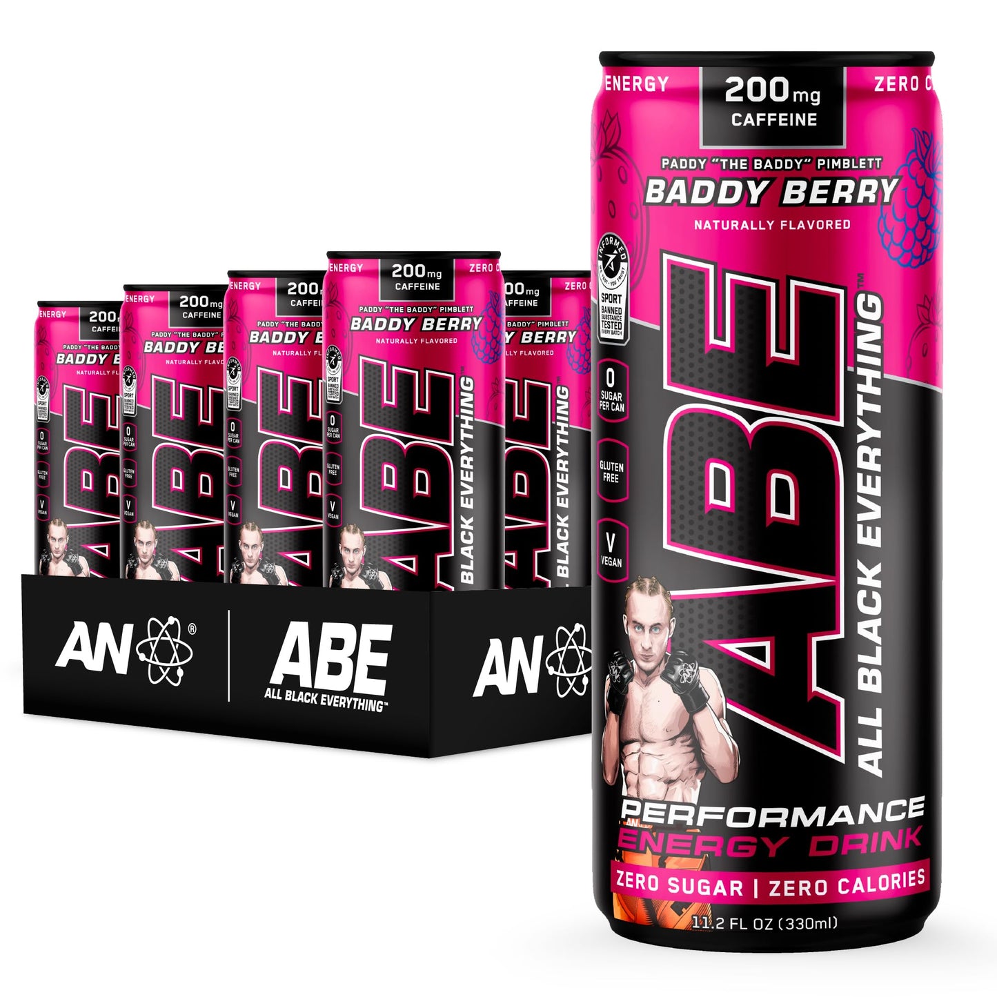 Abe Energy + Performance Sugar Free Energy Drink - All Black Everything Drink With Energy Blend Vitacholine Dynamine Citrulline Malate (11Oz Can - Pack Of 12) (Baddy Berry)