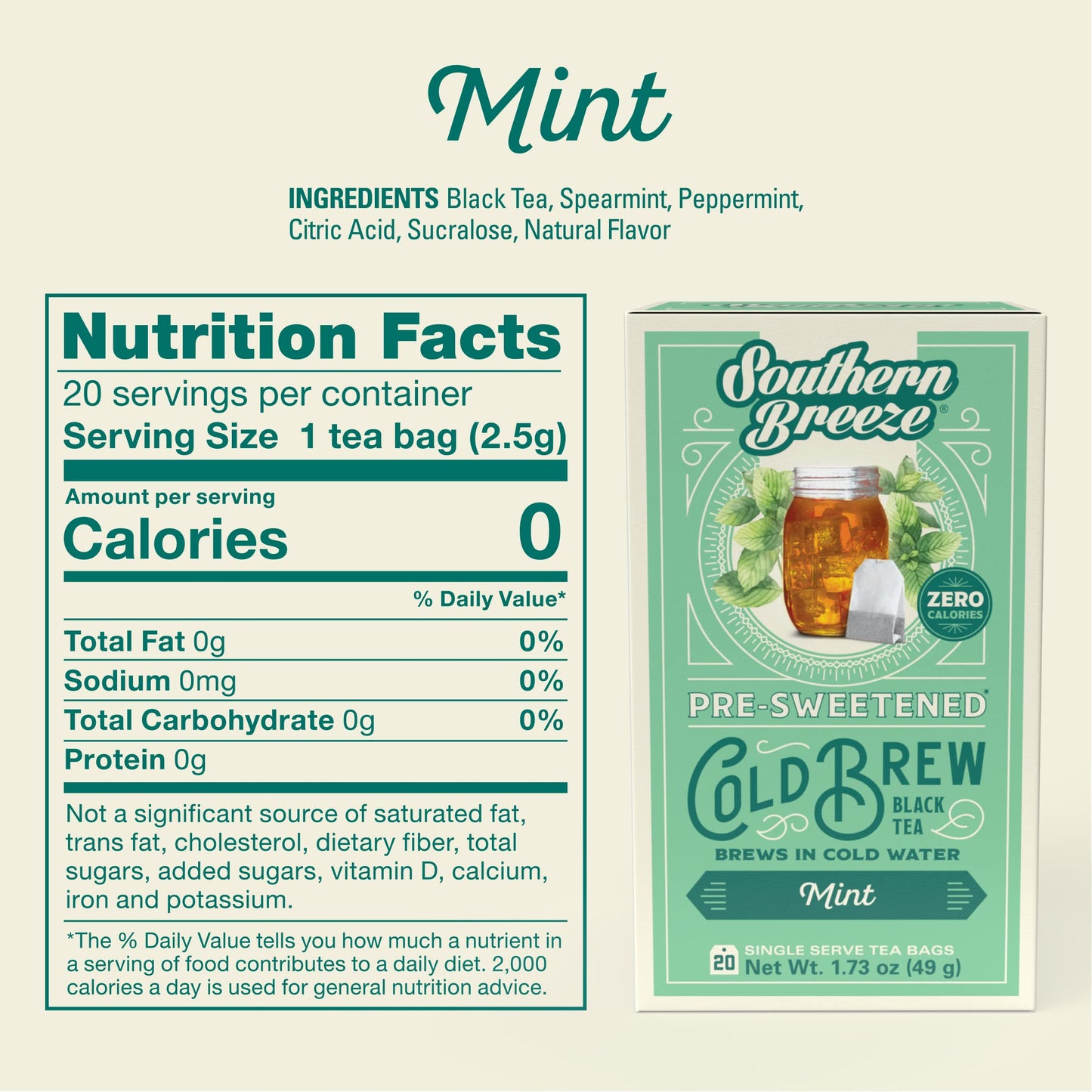 Southern Breeze Cold Brew Sweet Tea Mint Iced Tea With Black Tea And Zero Carbs Zero Sugar, 20 Individually Wrapped Tea Bags Southern Sweet Tea Iced Tea Beverage