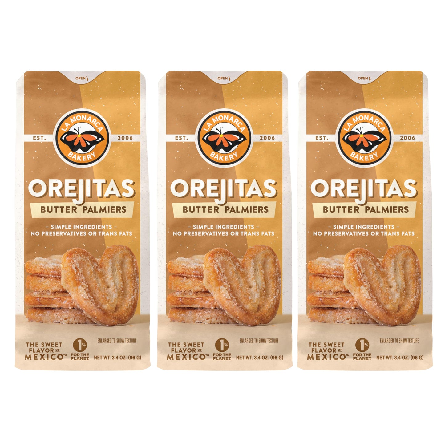 Orejitas Cookies, 3.4 Ounce (Pack of 3), Flaky and Crunchy Mexican Inspired Mini Palmiers made with Real Butter and Lightly Dust