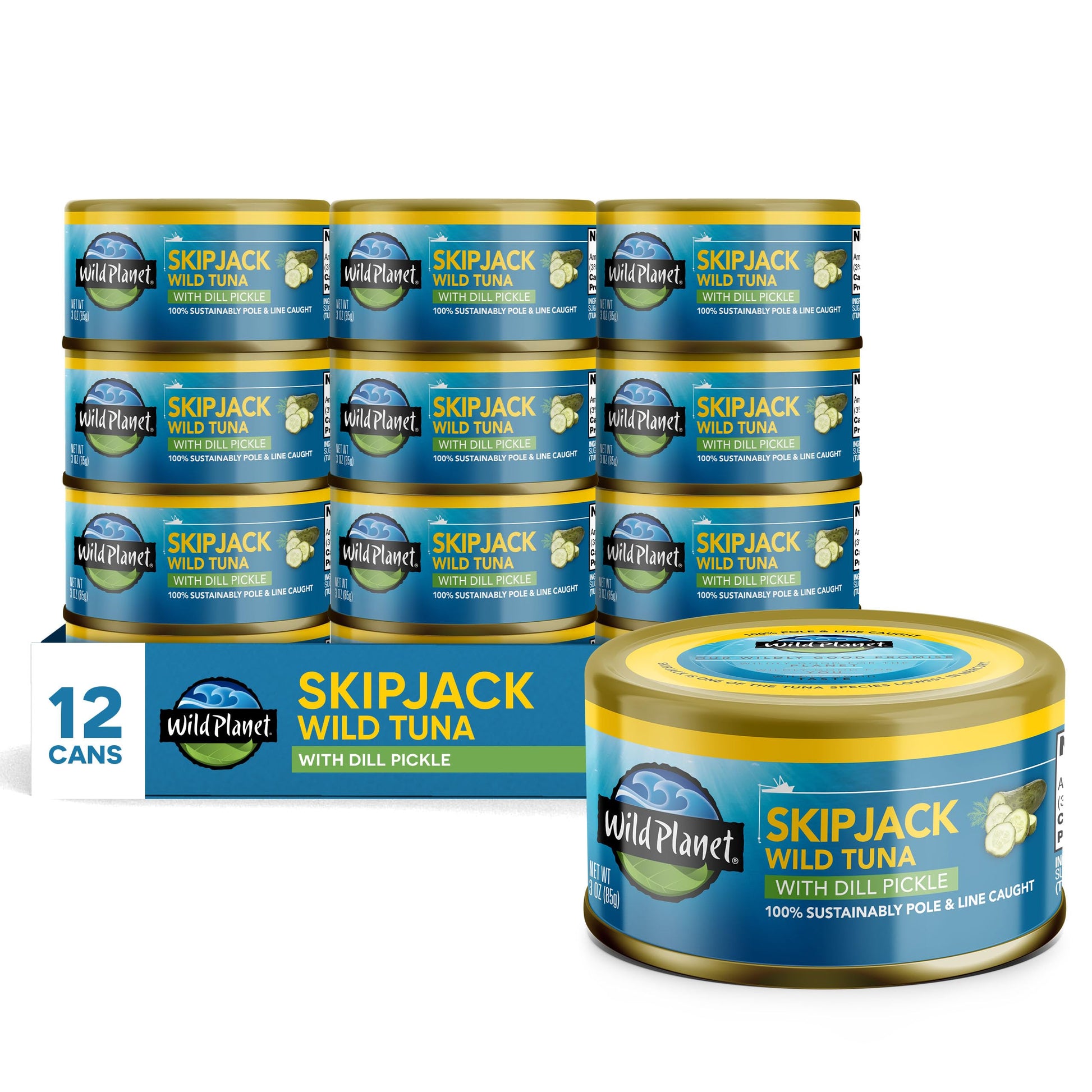 Wild Planet Wild Skipjack Tuna with Dill Pickle Tinned Fish, Canned Tuna, Sustainably Wild-Caught, 3 oz pack of 12