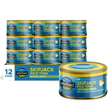 Wild Planet Wild Skipjack Tuna with Dill Pickle Tinned Fish, Canned Tuna, Sustainably Wild-Caught, 3 oz pack of 12