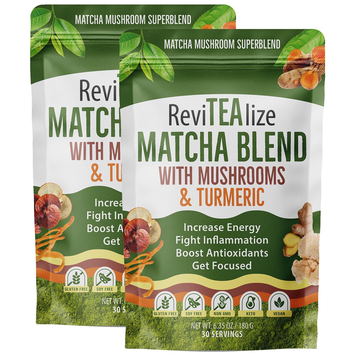 Revitealize Organic Matcha Mushroom Powder - Organic Ceremonial Grade Matcha Powder Blend Mushroom Coffee Alternative - Mushroom Matcha Latte Powder (60 Servings)