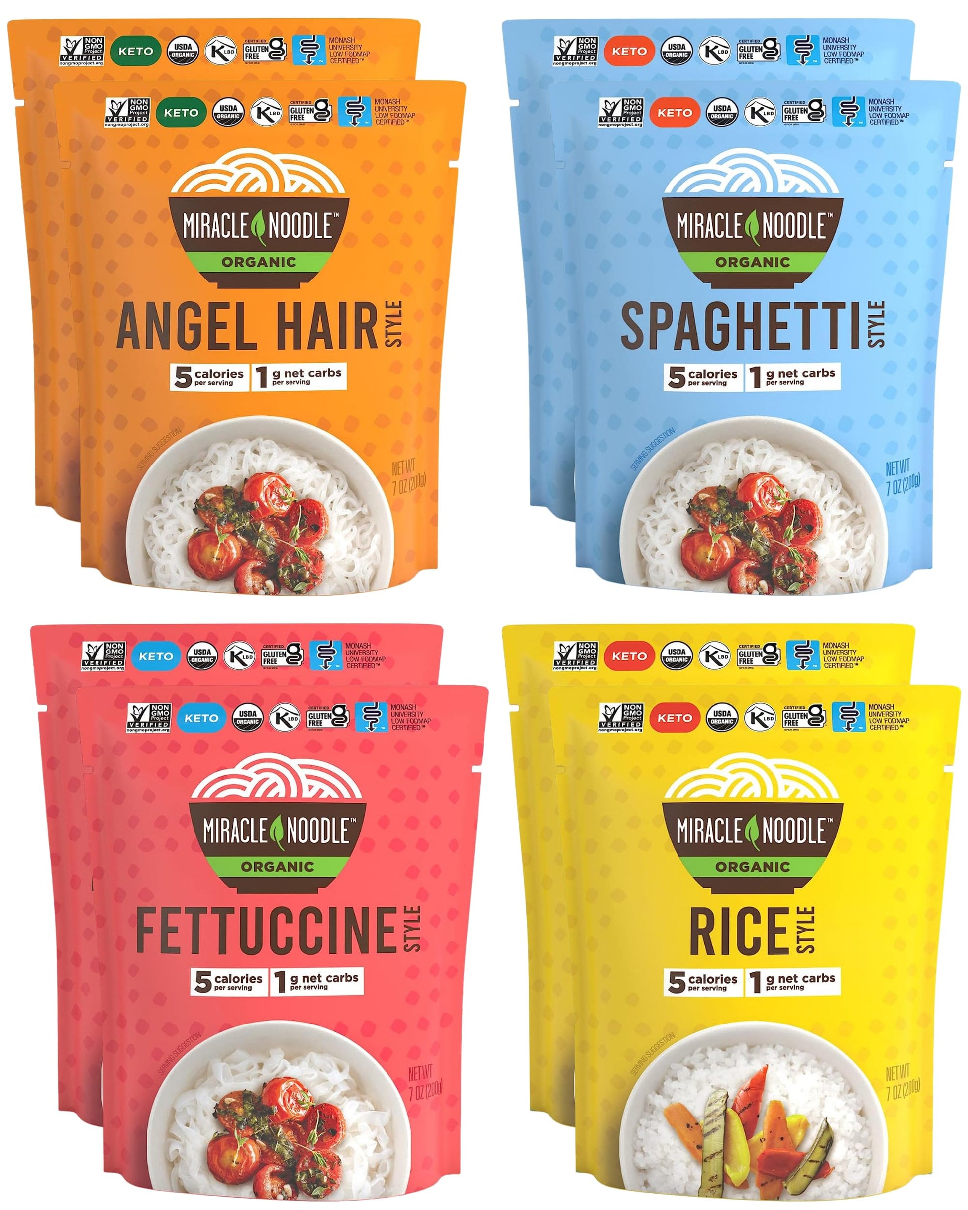 Miracle Noodle Organic Variety Pack (Angel Hair, Spaghetti, Fettuccine, & Rice) - Ready-To-Eat, Konjac Shirataki Noodles, Keto,