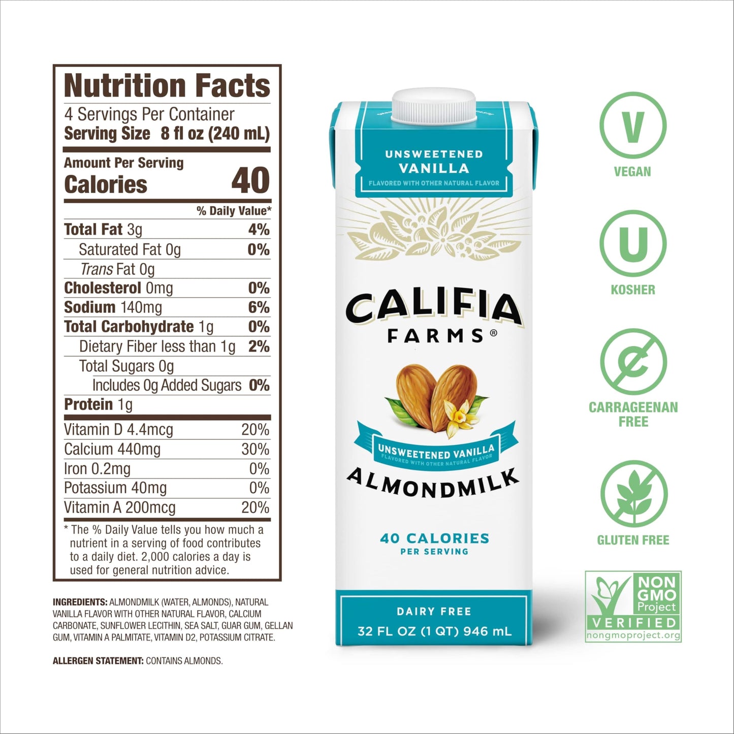 Califia Farms - Unsweetened Vanilla Almond Milk, 32 Oz (Pack Of 6), Dairy Free, Vegan, Plant Based, Keto, Shelf Stable, Vegan, G