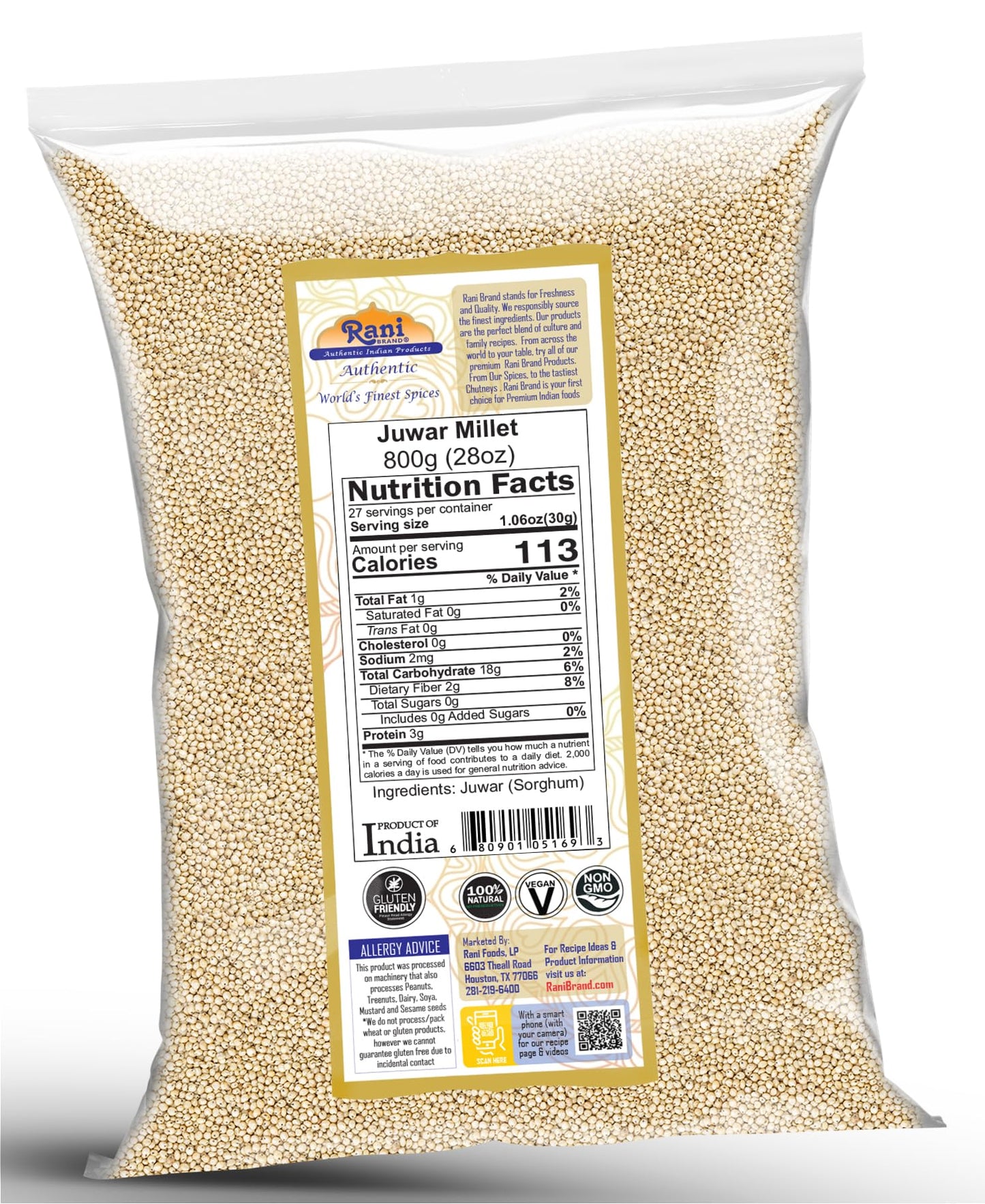 Rani Juwar Millet Whole Ancient Grain Seeds, Gluten Friendly, Non-GMO, Vegan, 28oz (1.75lbs)