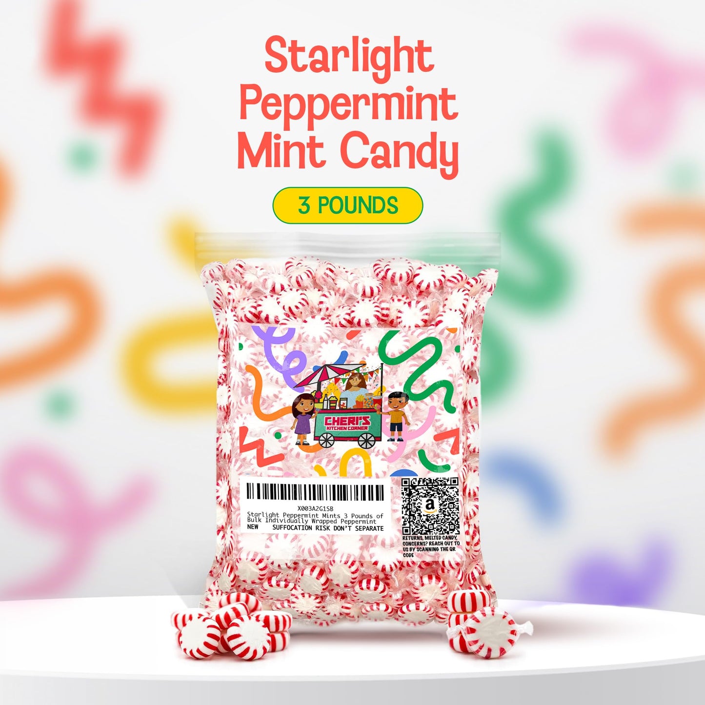 Cheri s Kitchen Corner Starlight Peppermint Mints of Breath Mints- Bulk Individually Wrapped Peppermint, Red, 3 Pound (Pack of