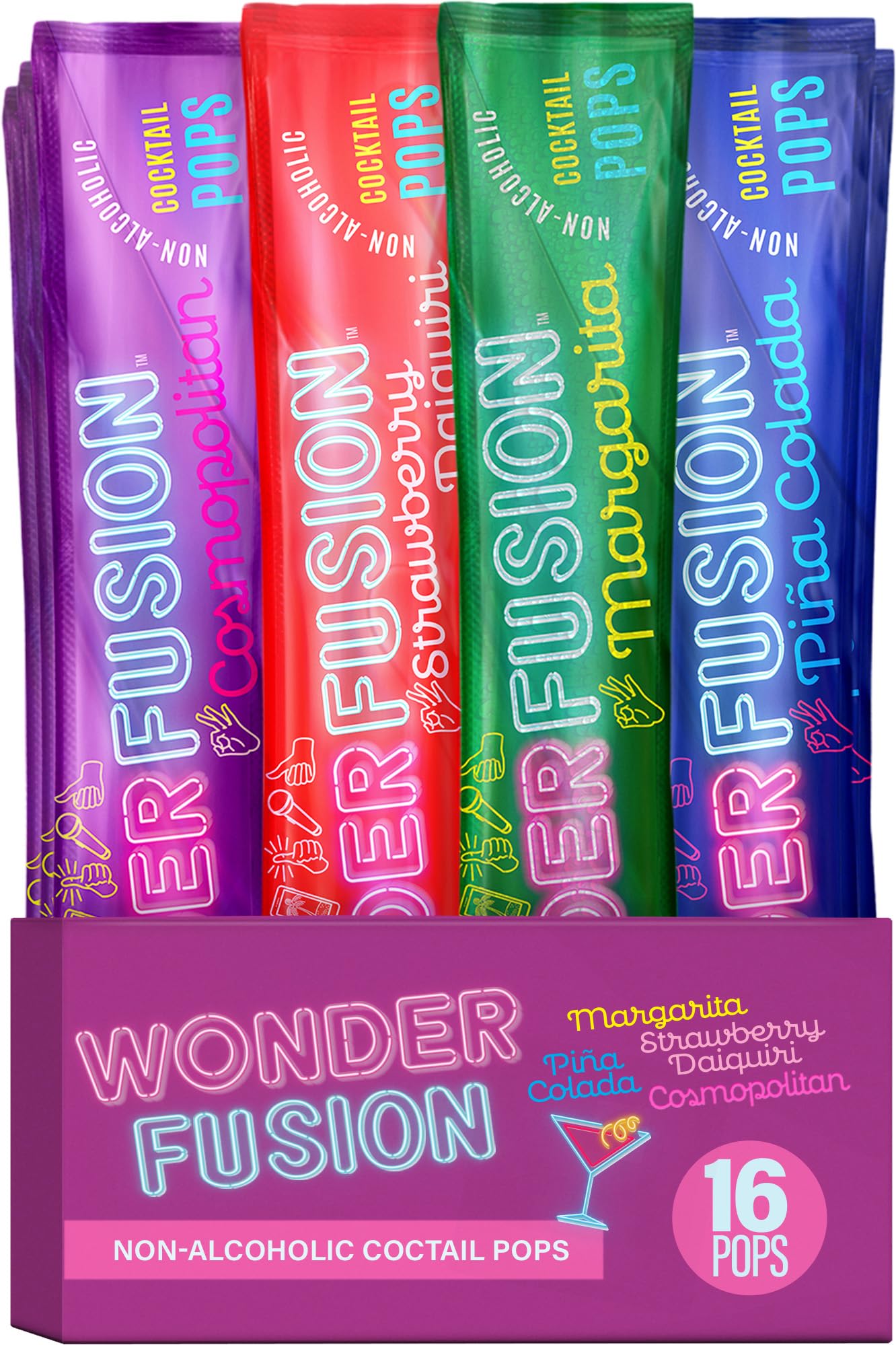 Wonder Fusion Non-Alcoholic Cocktail Freeze Pops Variety Pack - 16 Ice Pops, Includes Margarita, Strawberry Daiquiri, Pina Colada, Cosmopolitan