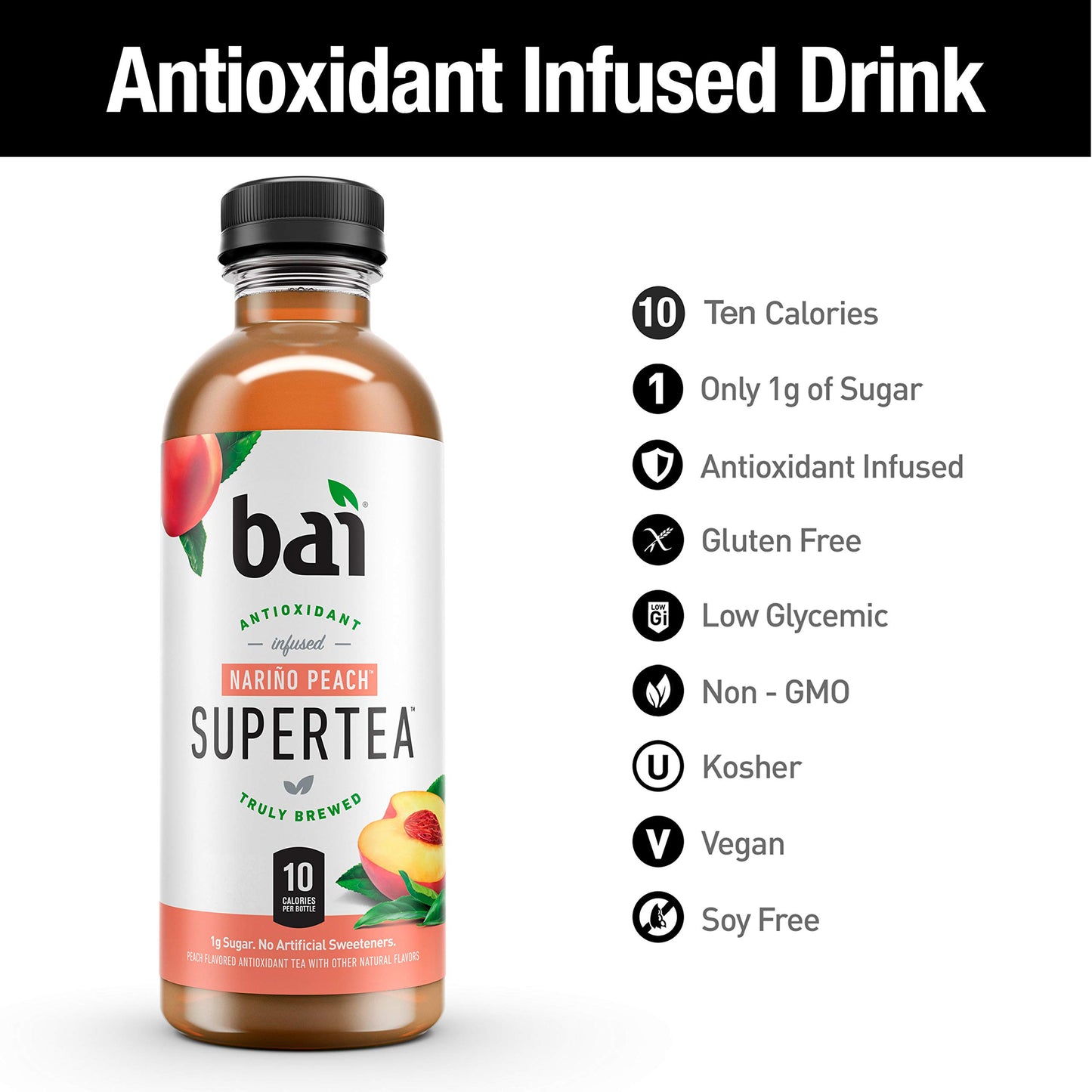 Bai Iced Tea, Narino Peach, Antioxidant Infused Supertea, 18 Fl Oz Bottles, Pack of 12, Real Black & White Tea
