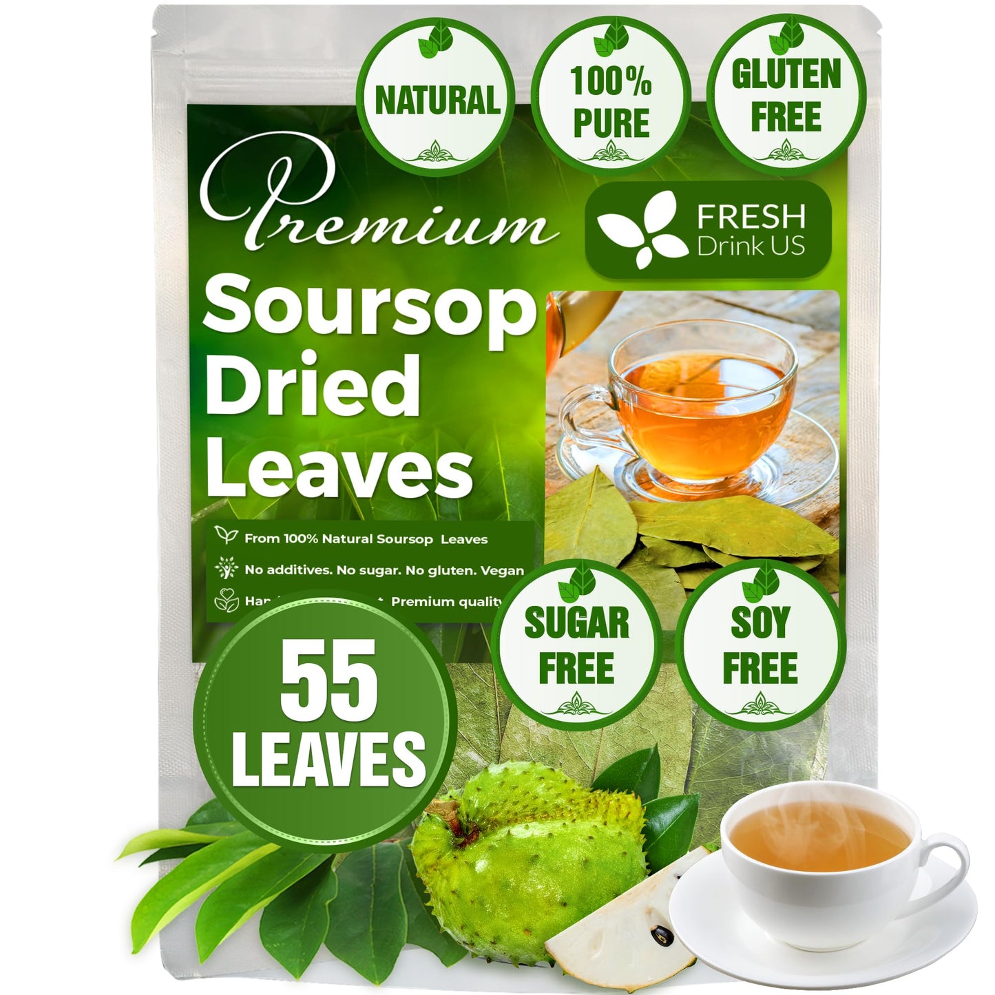 Freshdrinkus 55+ Top-Grade Soursop Graviola Dried Leaves 55-60 Natural Whole Leaves Wildcrafted Graviola Hoja Guanabana Soursop Loose Leaf Herbal Tea No Gluten Vegan