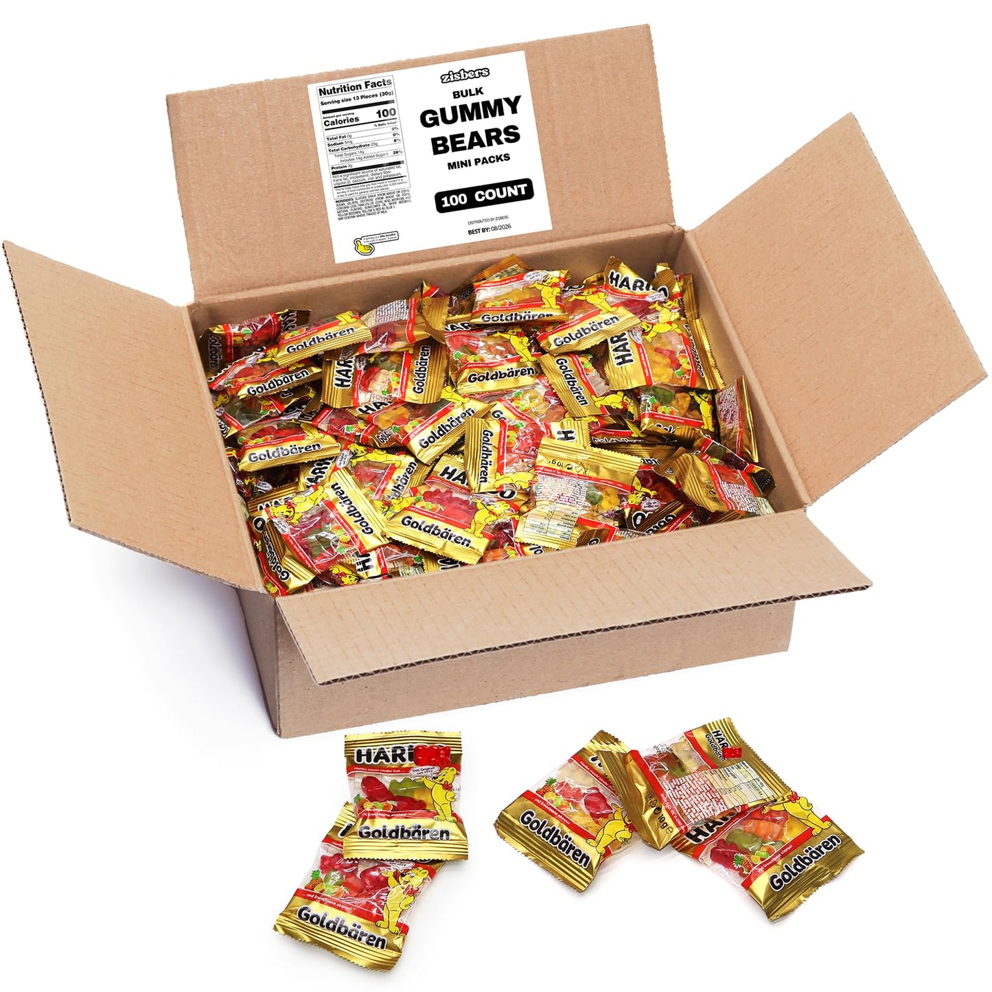 Zisbers Bulk Gummy Bear Candy - Assorted Fruity Flavors, 100 Count Mini Bags, 3x3x1 inches
