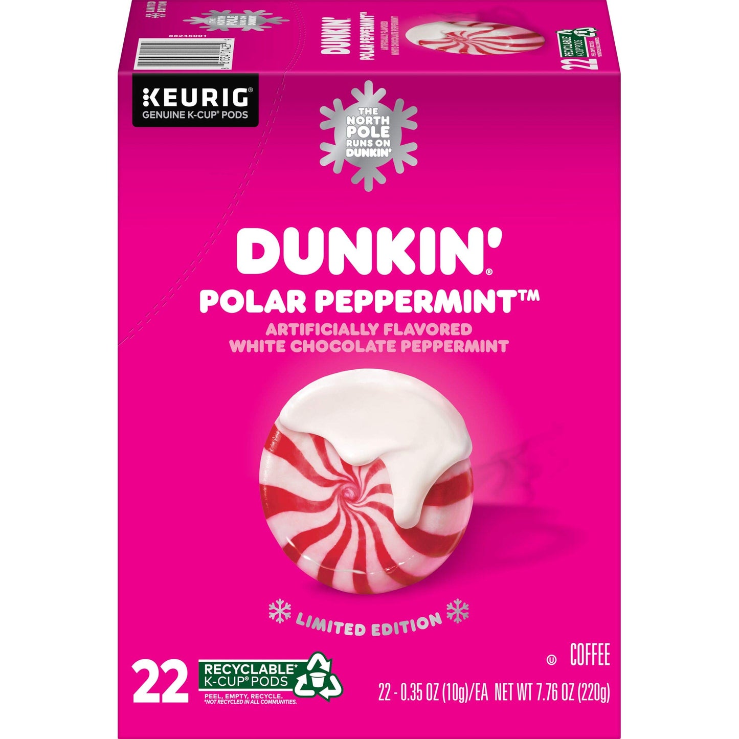 Dunkin Donuts Limited Edition Holiday Coffee K Cups - Polar Peppermint -1 Box Of 22 Seasonal Kcup Pods For Keurig Coffee Makers