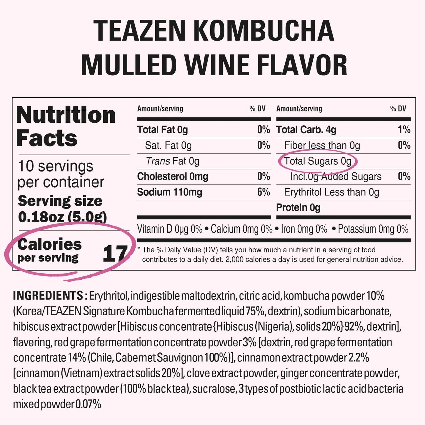 TEAZEN Mulled Wine Kombucha Tea, Sugar Free, Probiotics, 10 Sticks, 1.76oz