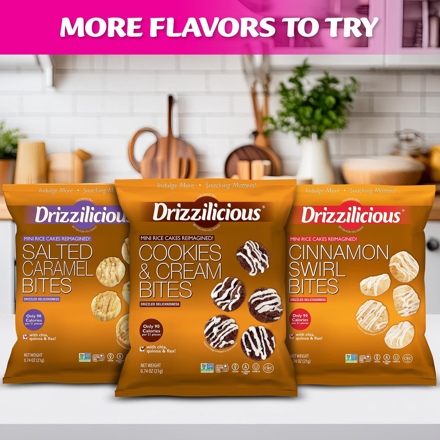Drizzilicious Mini Rice Cakes Very Berry - Rice Crisps, Healthy Snack For Mature-Themeds And Kids, Flavored Rice Cakes, Vegan, Gluten Free, Allergen Free, Only 90 Calories Per Bag - .74 Oz (Pack Of 10)
