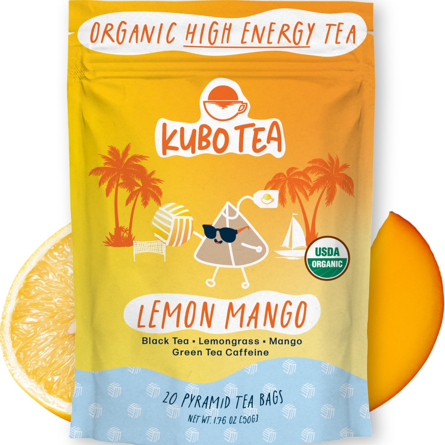 High Energy Blend Tea (155 Mg) - Kubo Tea: Organic Lemon Mango Black Tea Bags For Clean Energy & Focus | Healthy Coffee Substitute | Fruity Energy Blend Blend | 20 Ct | Compostable Packaflavor Blendg
