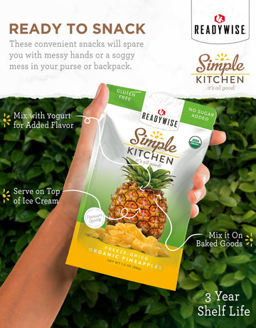 ReadyWise Freeze-Dried Organic Pineapples, 1 Pack, Vegetarian, Gluten Free, Model RWSK05-016, Healthy Snacks, Dried Fruit