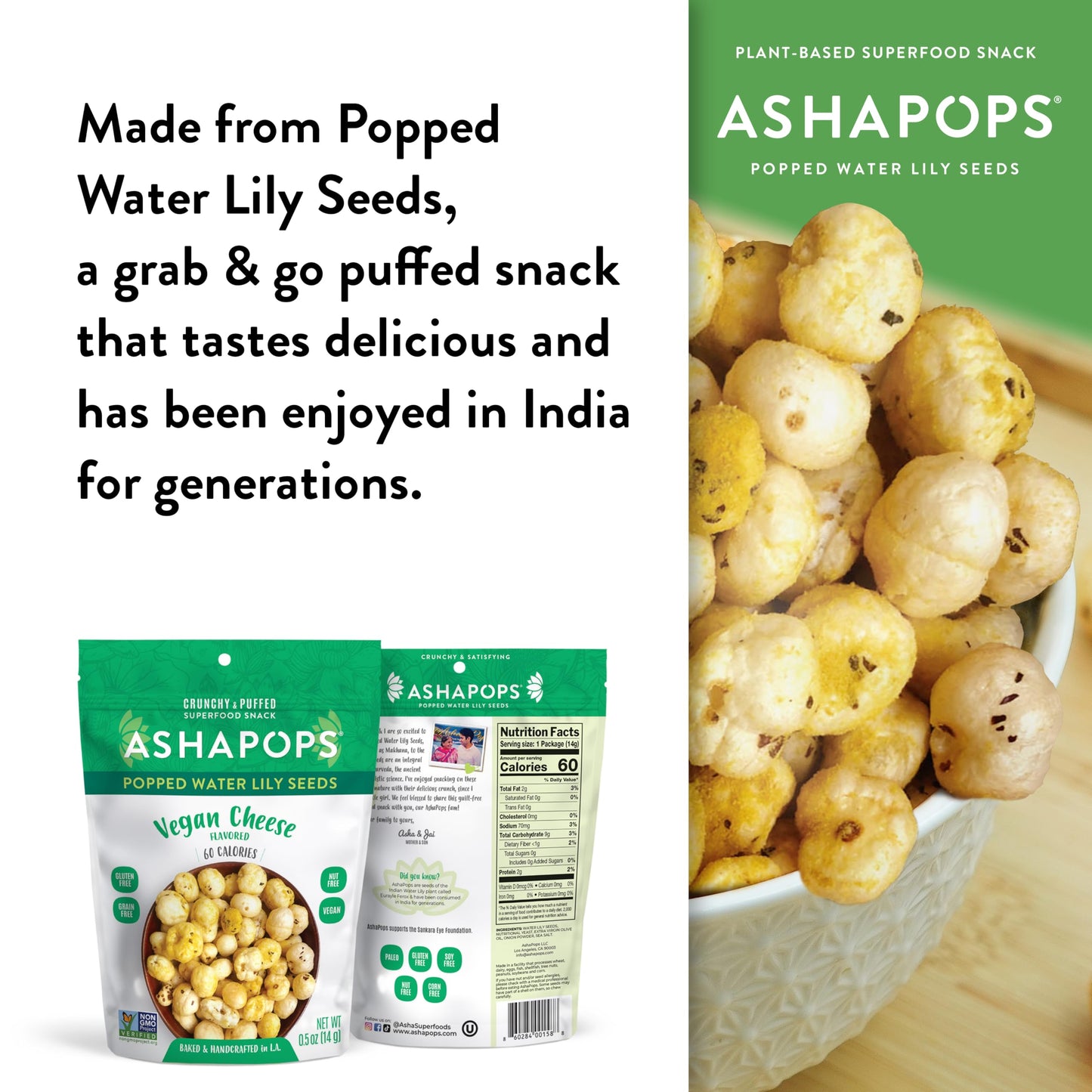 AshaPops Vegan Cheese Flavored Popped Water Lily Seeds, 0.5 oz (Pack of 12) - Gluten-Free, Vegan, Paleo, Nut-Free, Corn-Free, So