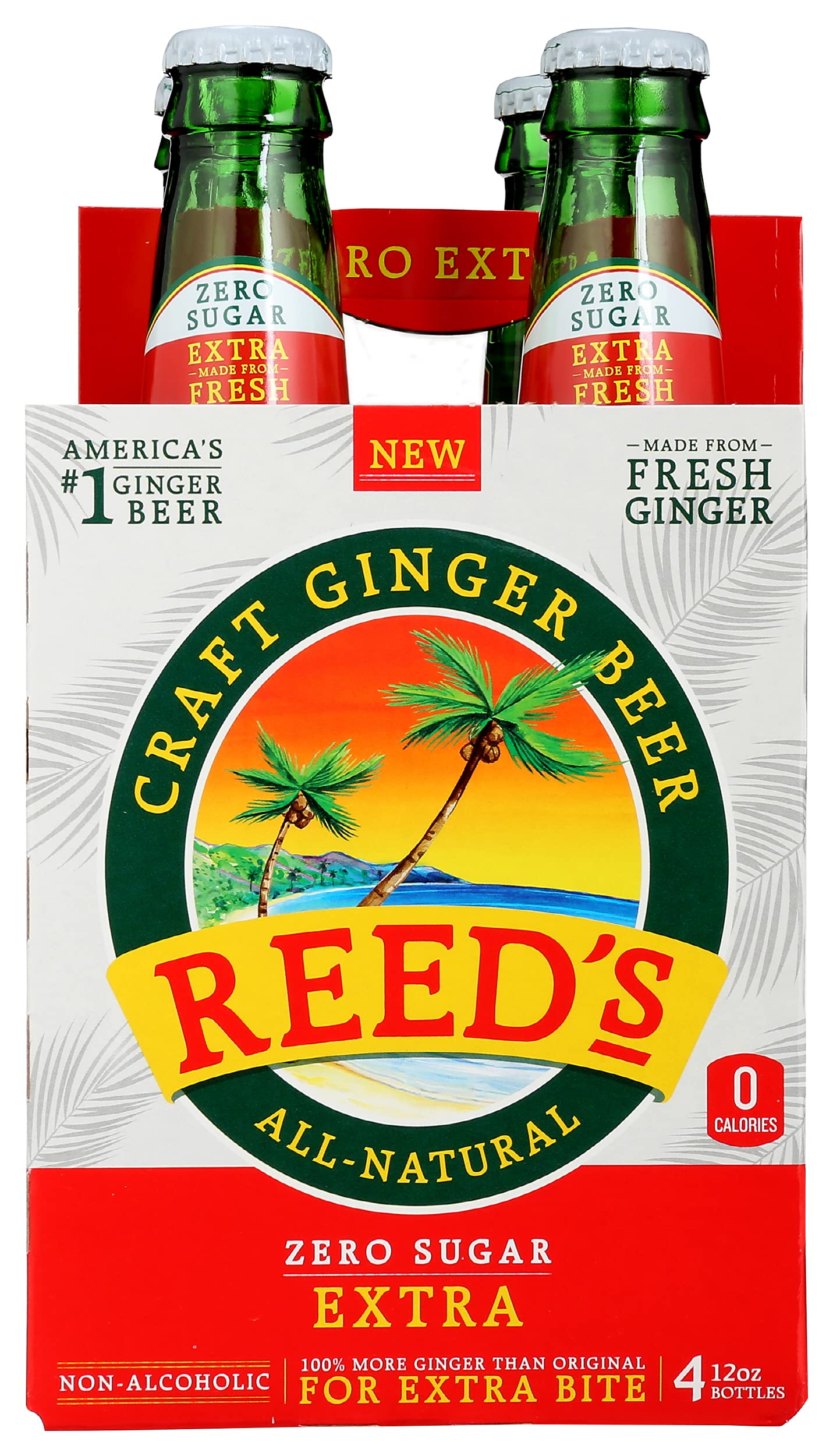 Reeds Ginger Brew Soda, Zero Sugar, 12 Fl Oz, 4 Pack