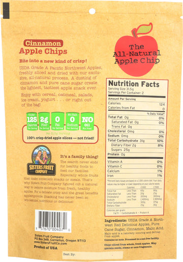 Sisters Fruit Company Apple Chips, Cinnamon Flavor, Gluten-Free, Fat-Free, 2.25 OZ Bags, All Natural, Pack of 6