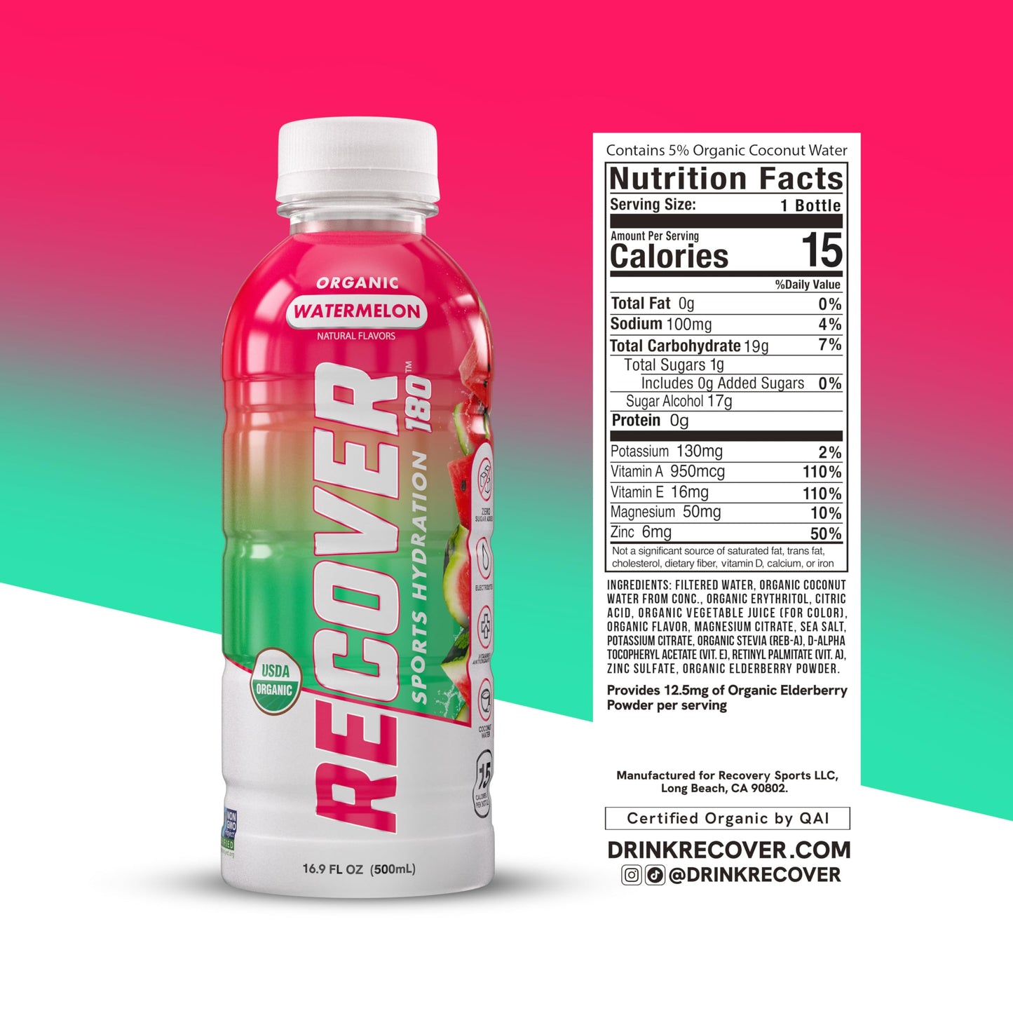 RECOVER 180 Organic Sports Hydration Drink, No Sugar, 15 Cal, Electrolytes, 16.9 Fl Oz, Variety Pack (Pack of 12)