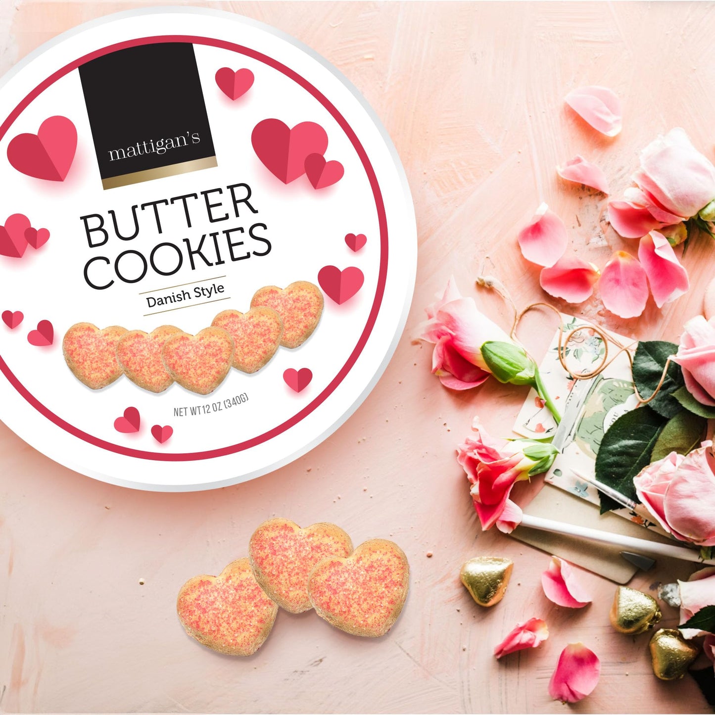 Mattigans Pink Heart Butter Cookies Danish Style Cookie, 12 Oz Tin 2-Pack, Gourmet Gifts For Birthday, Special Occasions, Assorted Cookie Dessert Sweets, Two Reusable Metal Tin