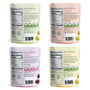 Poshi Natural Whole Pitted Olives | 24 Pack Variety | Basil & Garlic, Chili & Oregano, Chili + Garlic, Lemon & Rosemary | Vegan,