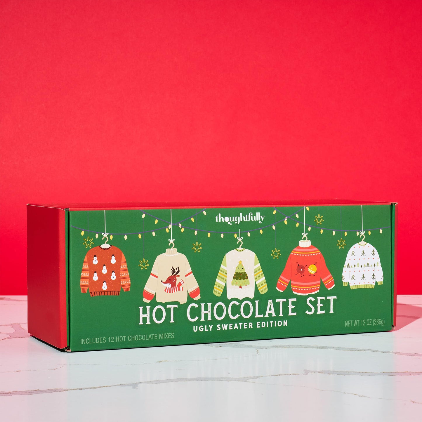 Thoughtfully Holiday Hot Chocolate Mix Gift Set Ugly Sweater Cocoa Sampler with 12 Flavored Packets Including Peppermint Gingerbread Rocky Road & More Christmas Gift Box Set of 12