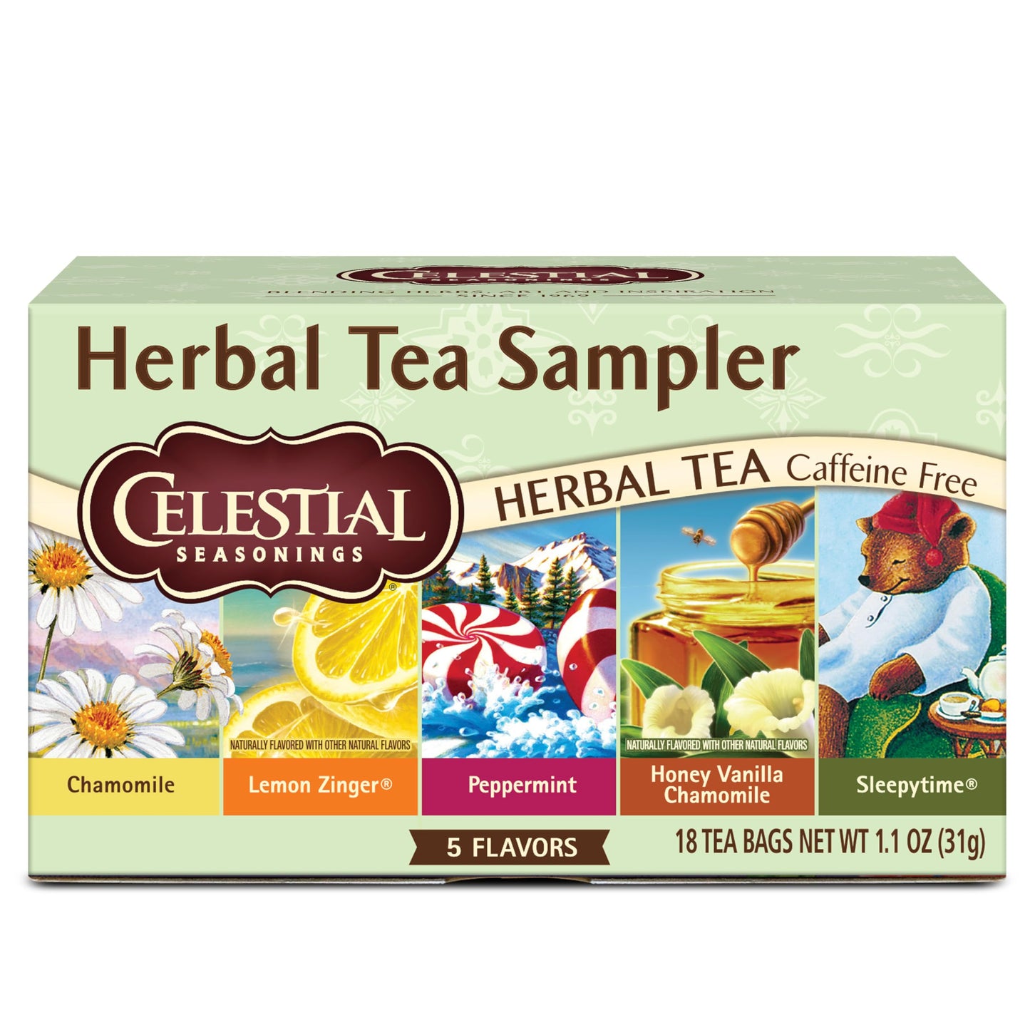 Celestial Seasonings Herbal Tea Sampler Variety Pack Caffeine Free 18 Tea Bags Box