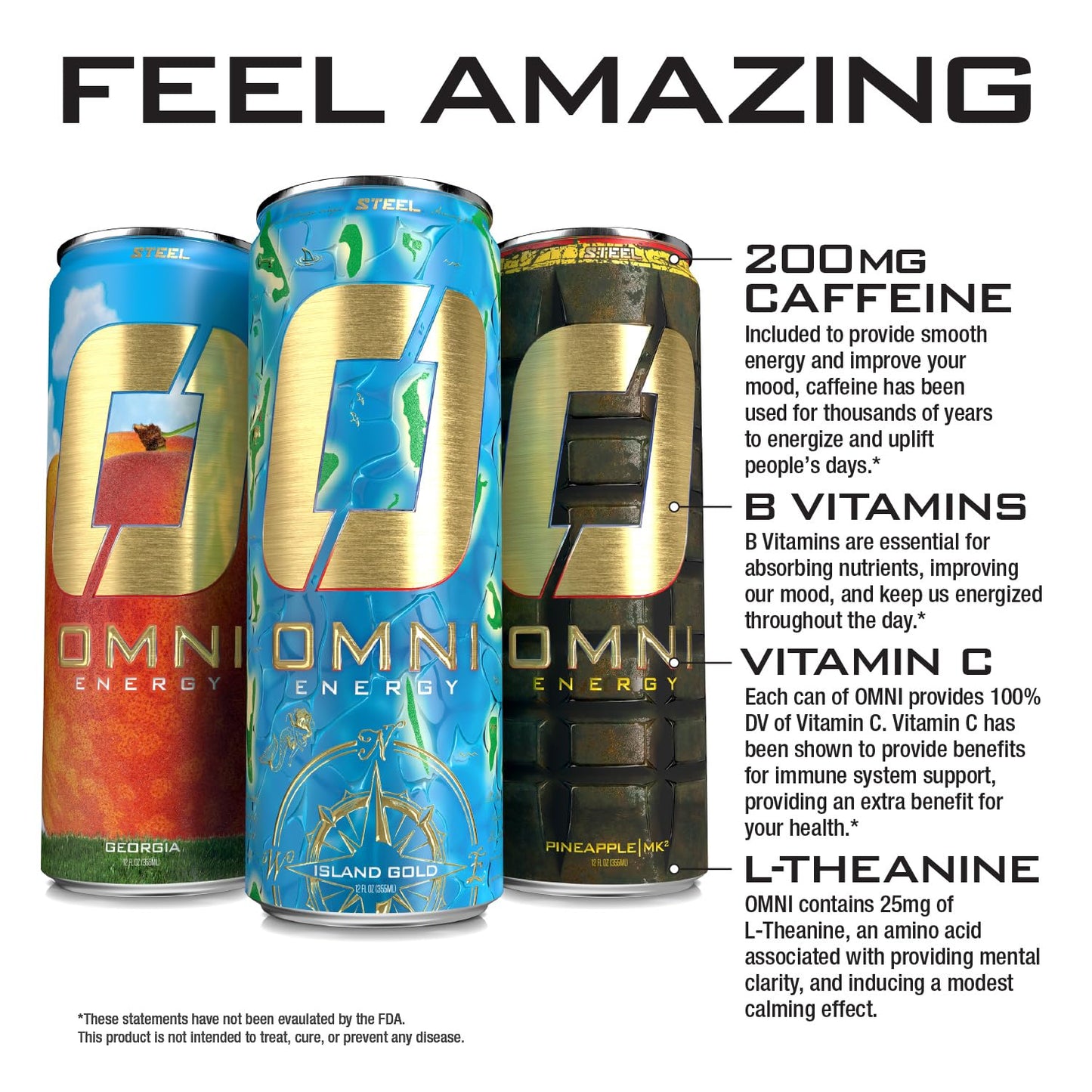Steel dietary products OMNI Energy Drink - Sugar-Free, Low Calorie, 200mg Caffeine, 12 Oz, Pack of 12