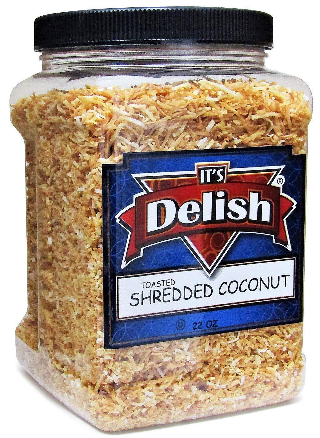 Gourmet Toasted Sweetened Coconut Fancy Shred Flakes By Its Delish - 22 Oz Jumbo Reusable Container Jar - Salad And Snacks Food Crunch - Roasted Shredded Coconut For Baking Decorating And Snacking