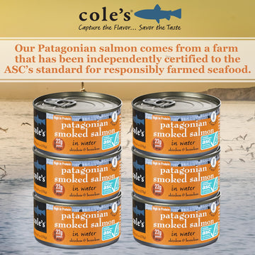 Coles Canned Salmon - Pack of 6, Patagonian Smoked, Skinless & Boneless, 6 oz Each, Rich in Protein, 2 Servings Per Container