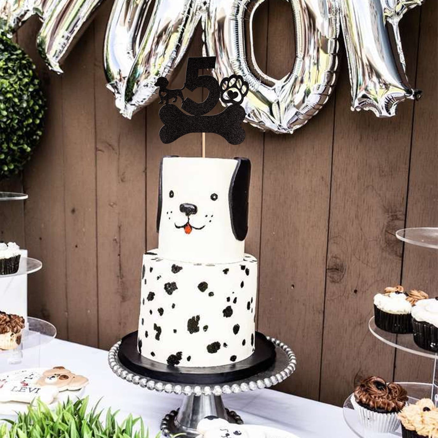 1 Pcs 5Th Birthday Cake Topper Black Glitter Dog Paw Five Years Old Birthday Puppy Dog Bone Cake Pick For Let'S Pawty Baby Showe