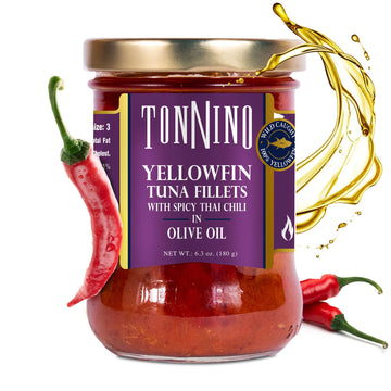 Tonnino Yellowfin Tuna In Olive Oil With Spicy Thai Chili 6.3Oz - 6-Pack: Omega-3, High Protein, Gluten-Free, Ready-To-Eat Tuna Packets For Tuna Salad, Tuna Fish Alternative To Salmon, Tuna Fish