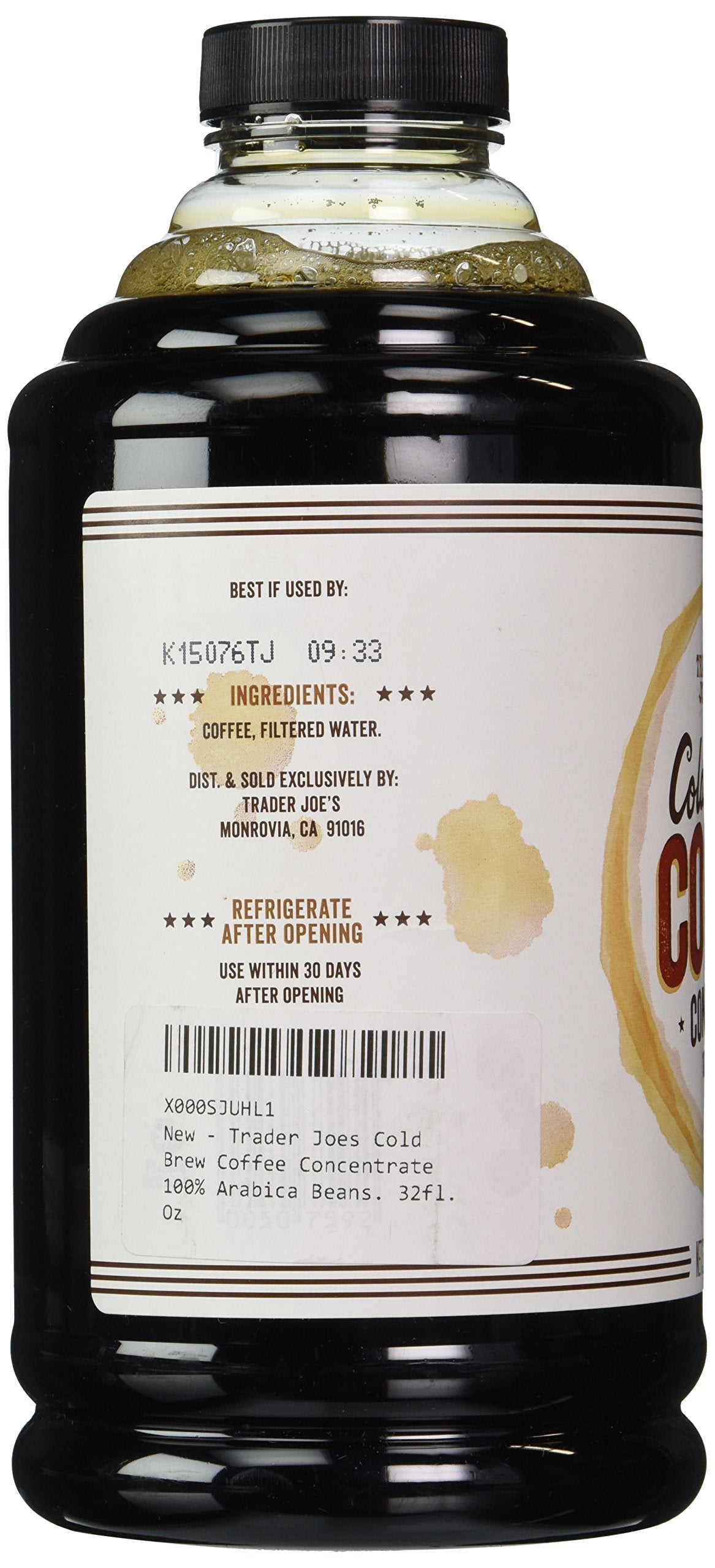 Trader Joe's Cold Brew Coffee Concentrate, 100% Arabica Beans, 32 Fl Oz - Fair Trade Quality Brewed Coffee