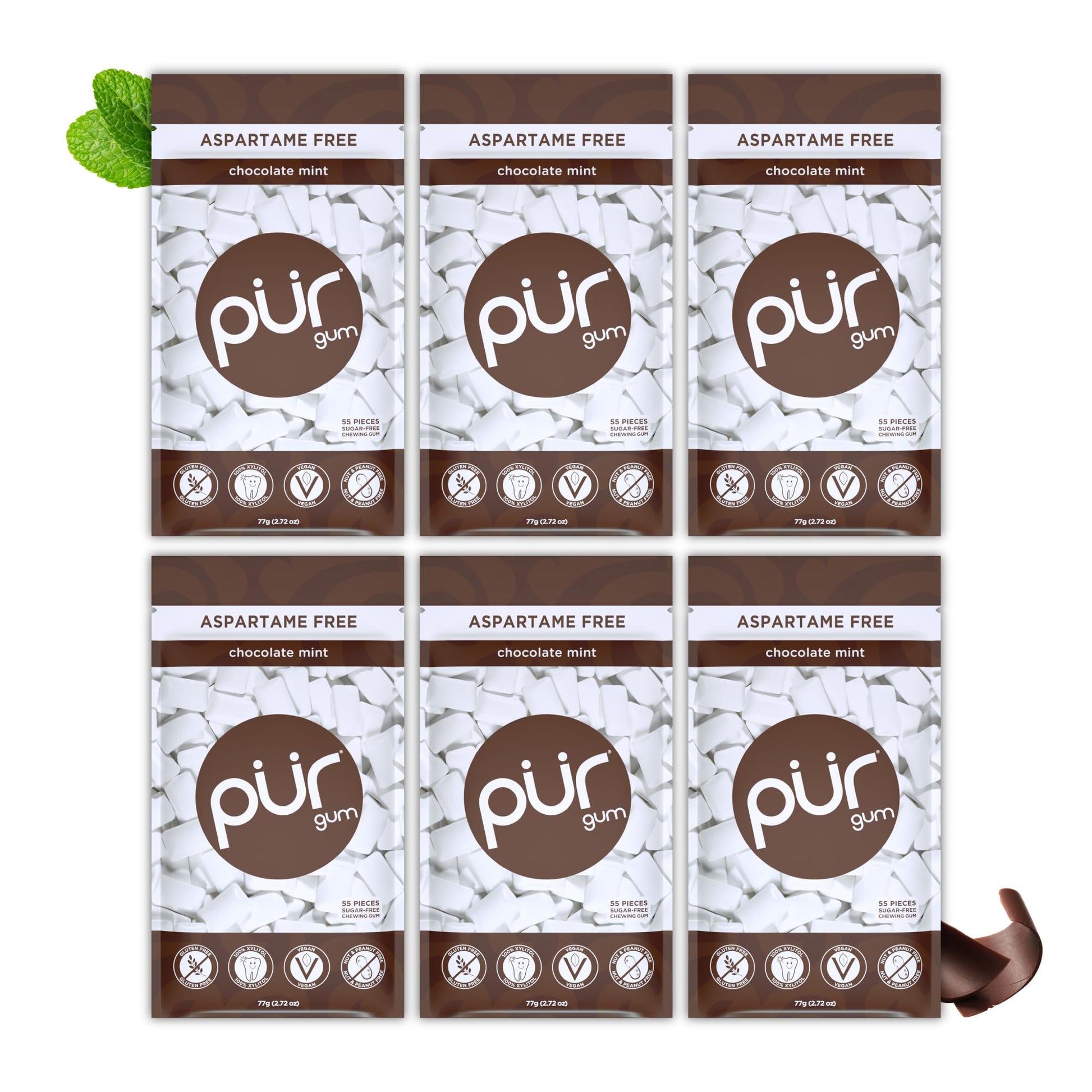 Pur Gum | Aspartame Free Chewing Gum | 100% Xylitol | Natural Chocolate Mint Flavored Gum, 55 Pieces (Pack Of 6)