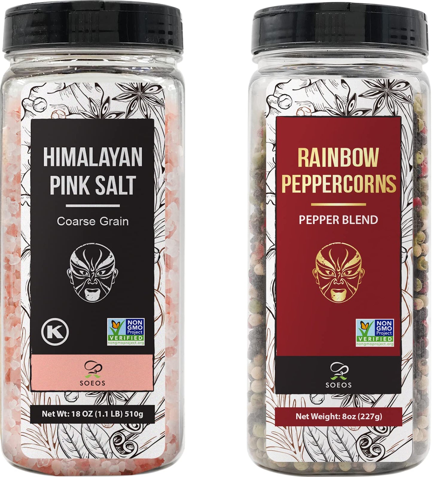 Soeos Himalayan Pink Salt And Rainbow Peppercorn Grinder Refills, 18Oz Salt & 8Oz Peppercorns, Kosher Seasoning Set For Cooking