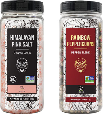 Soeos Himalayan Pink Salt And Rainbow Peppercorn Grinder Refills, 18Oz Salt & 8Oz Peppercorns, Kosher Seasoning Set For Cooking