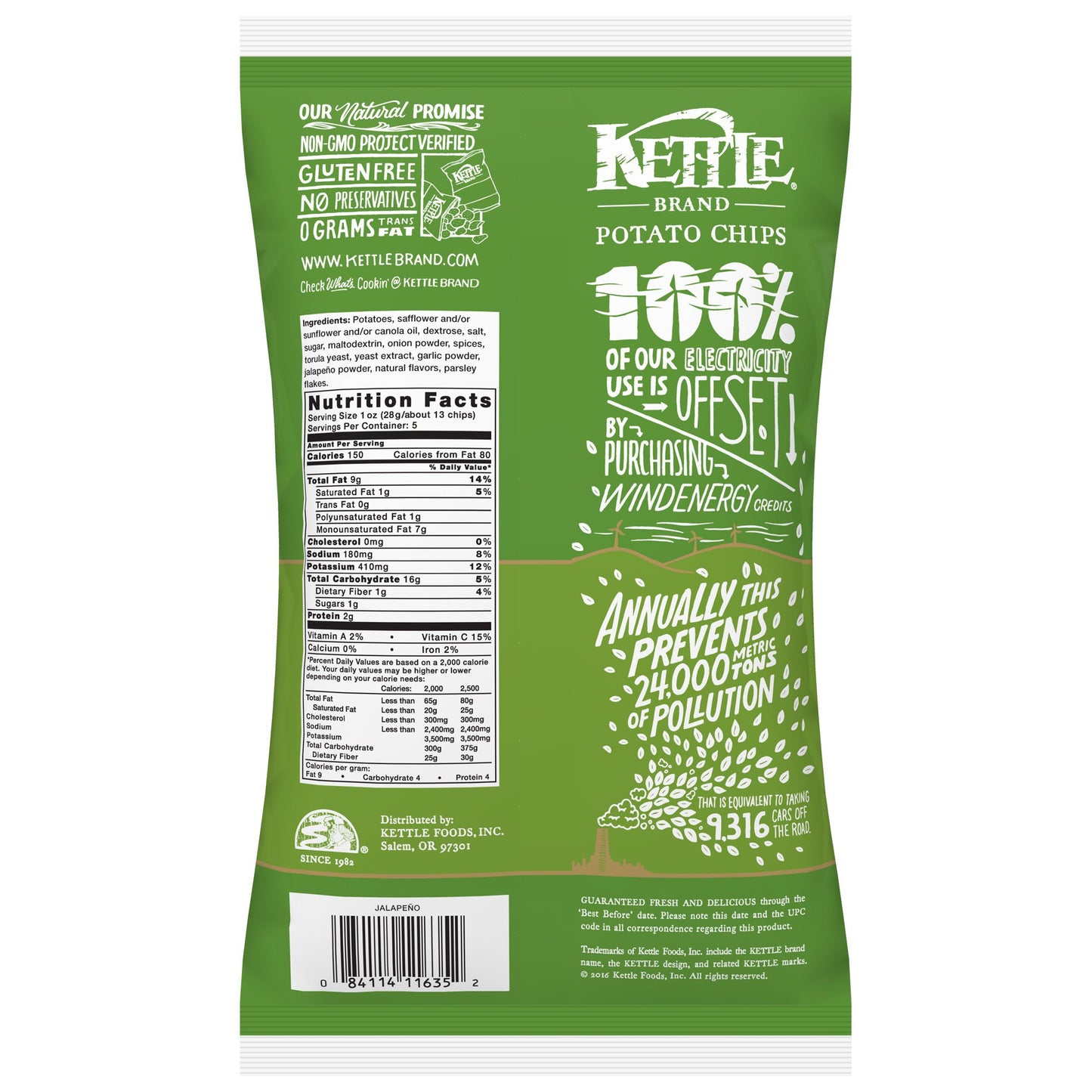 Kettle Brand Potato Chips, Jalapeno, 5 Ounce Bags (Pack Of 8)