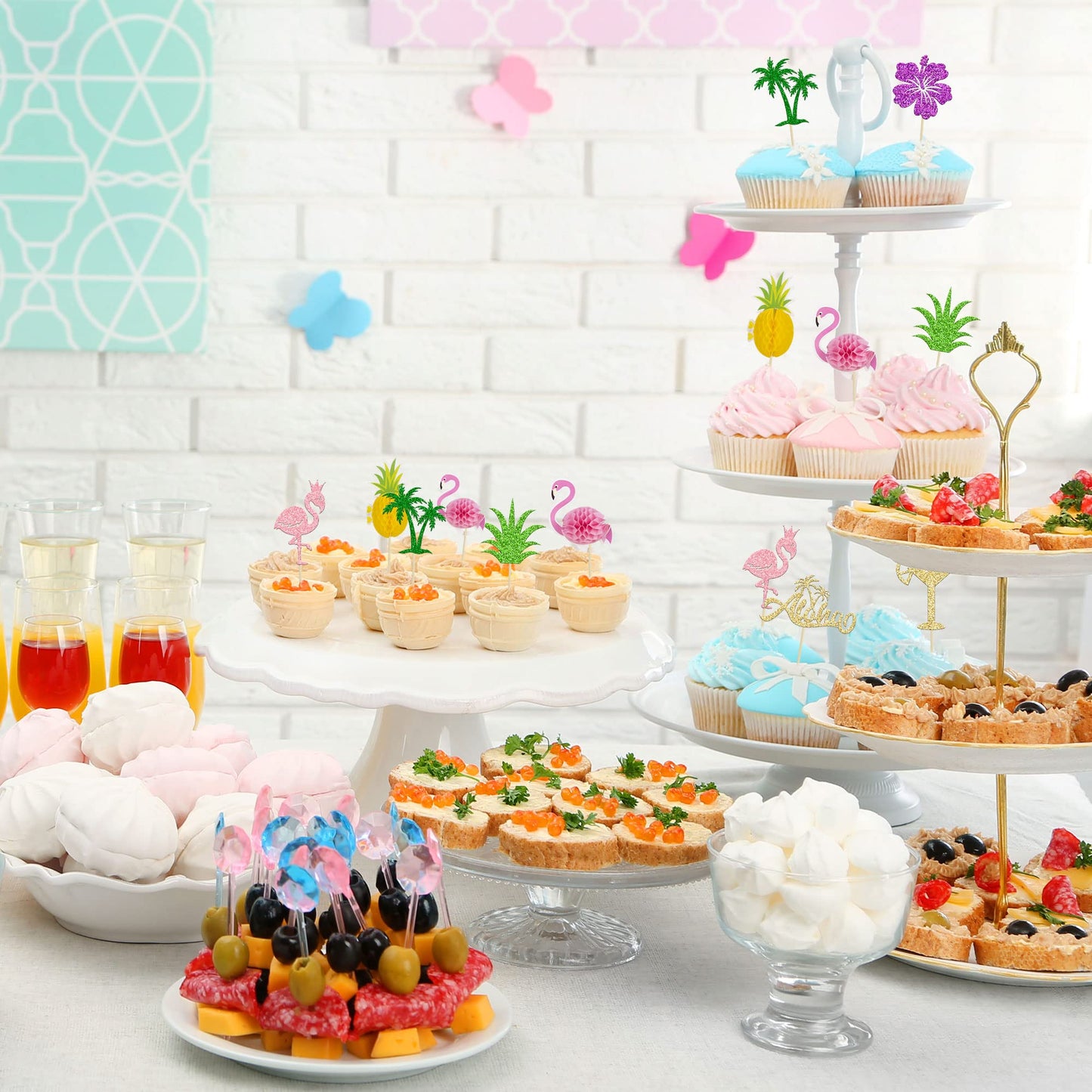 Gyufise 32Pcs Tropical Cupcake Toppers, Paper, Luau Theme, Small Size, Flamingo Design for Baby Shower and Wedding Party Decor