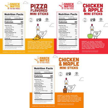 Snack Mates by New Primal Sampler Three Flavor Pack, Mini Chicken Sticks, High Protein and Low Sugar Kids Snack, Certified Glute