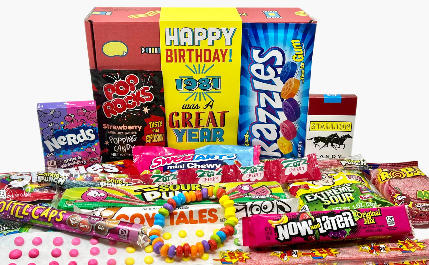 Retro Candy Yum ~ 1981 43Rd Birthday Decade 80S Candy Gift Basket Box Assortment From Childhood - Milestone Birthday Gifts For 4